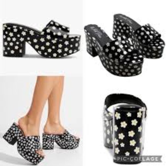 Wild Pair Womens Melborne Black w White Daisy Patent Platform Sandals Black 9 M - Picture 1 of 14